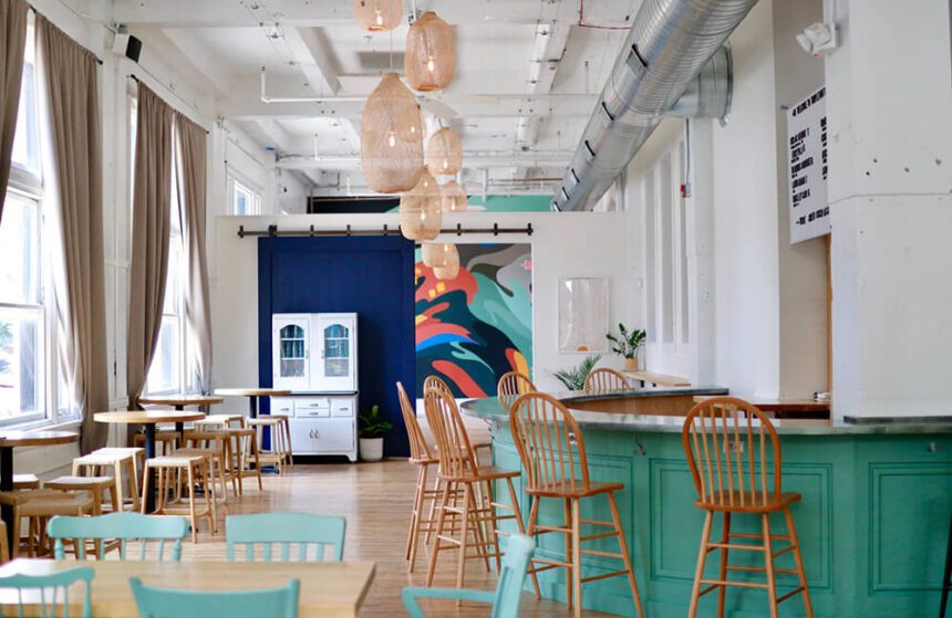 The colorful interior of Triple Bottom Brewing.