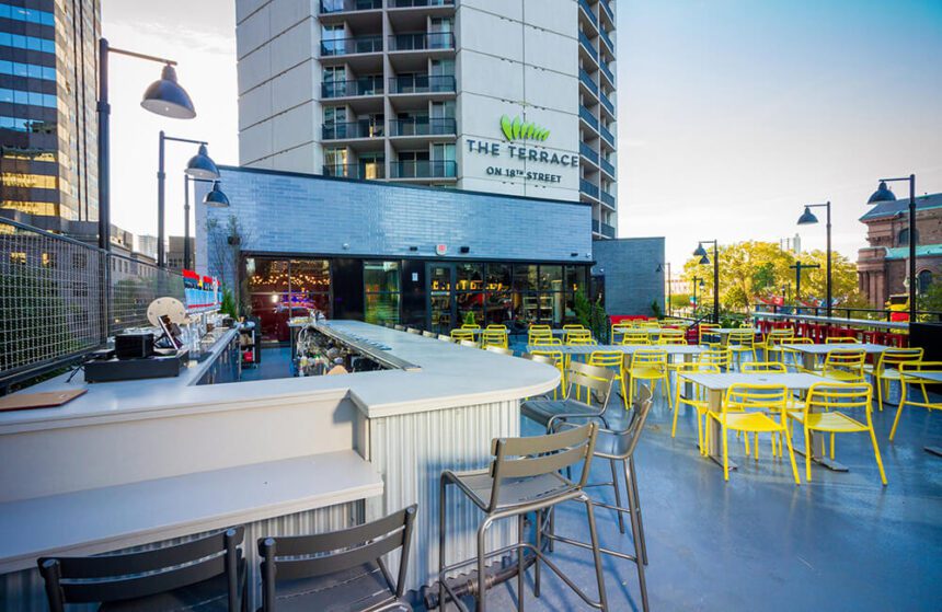 Rooftop of Victory Brewing Company with yellow chairs