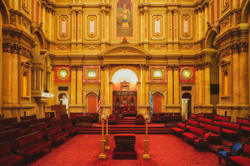 A room is full of brown wooden benches with red velvet cushions matching the bright red carpeted floor. The walls are bright yellow and gold with ornate architectural details.
