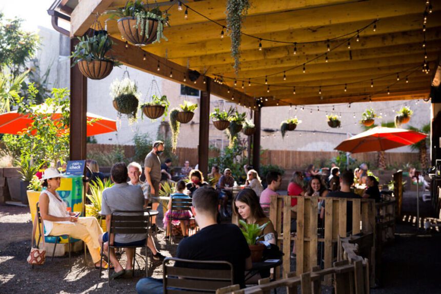 An outdoor patio space is covered with an awning. Lights hang from its roof. Planters are also shown hanging from the awning. People are shown sitting down at tables.