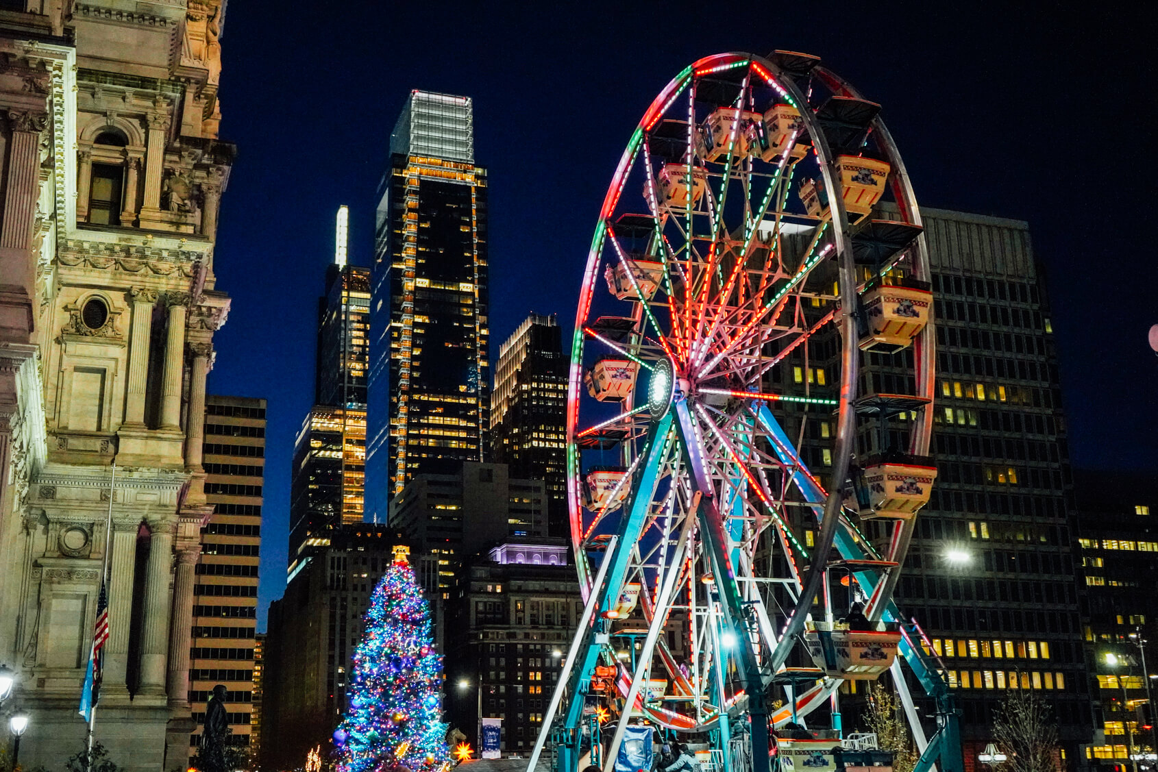 Holiday tree and ferris wheel in Philadelphia