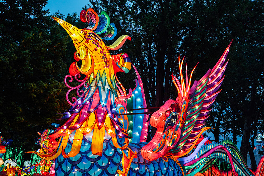 A brightly colored lantern in the shape of a large bird, possibly a chicken is on display in Franklin Square for the Chinese Lantern Festival.
