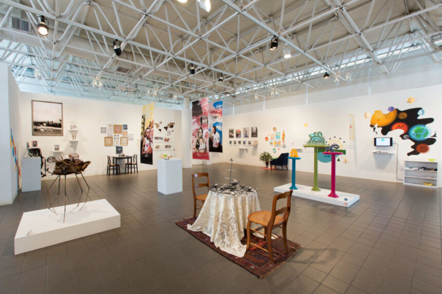 Inside a gallery with an eclectic array of pieces.