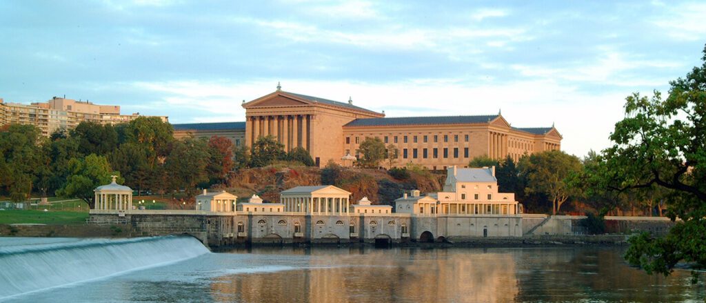 The Fairmount Water Works and Philadelphia Museum of art on the Schuykill River.