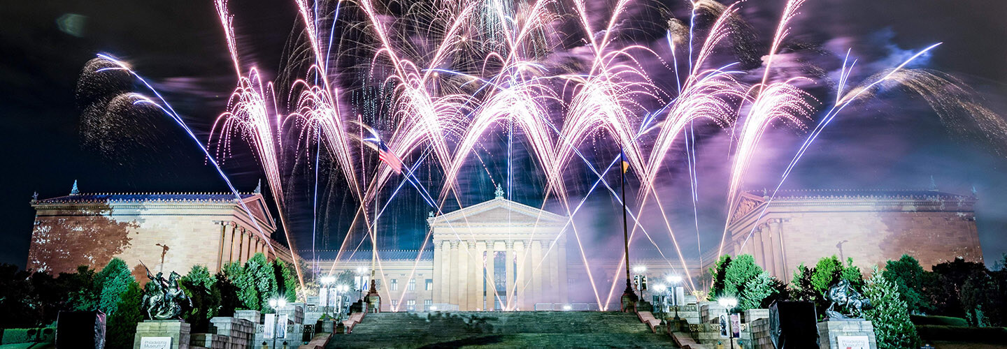 Fireworks light up the night sky above the Philadelphia Museum of Art during a 4th of July celebration.