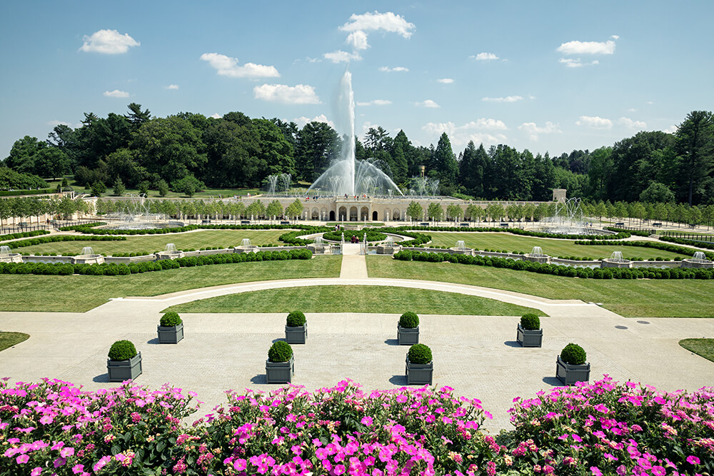A large fountain is in the center of the frame. Beautifully bright pink flowers are at the forefront along the bottom of the frame. Surrounding the fountain are lush gardens and grassy meadows lined with paths. a bright blue sky is overhead.