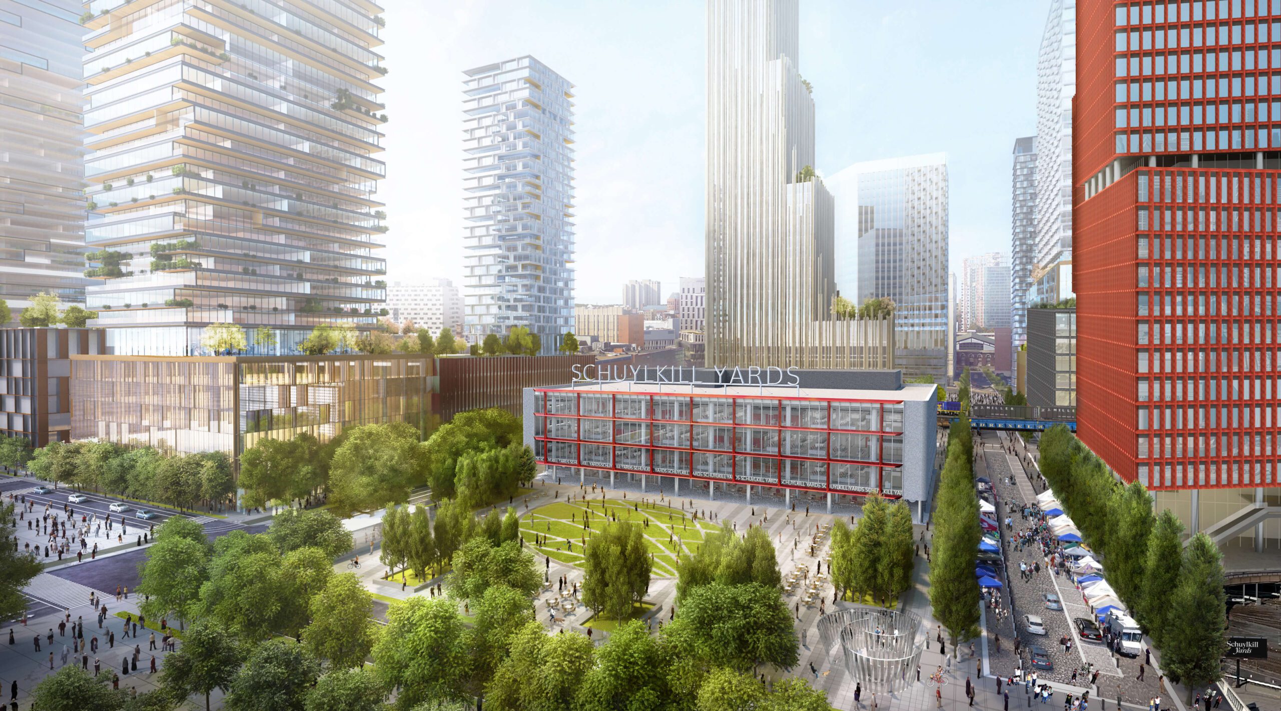rendering of new square building in West Philadelphia with greenspace