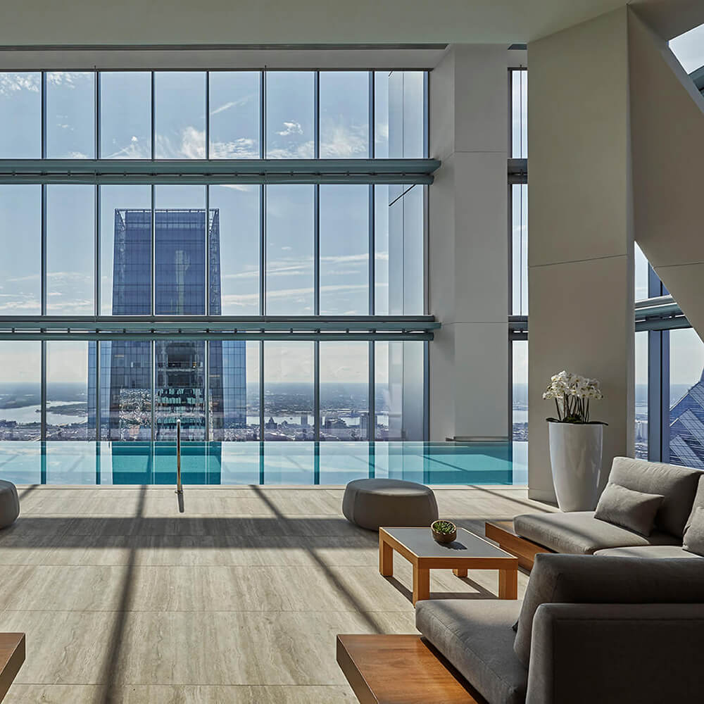 An indoor, rooftop pool overlooking the entire city of Philadelphia.