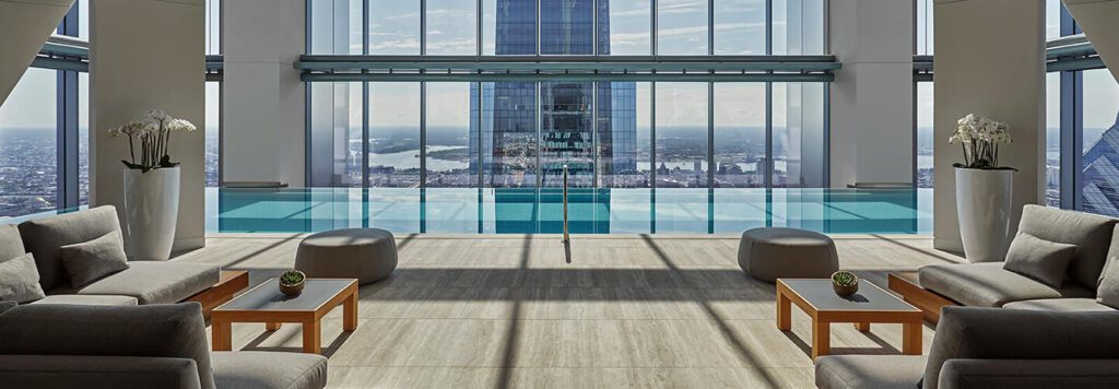 An indoor, rooftop pool overlooking the entire city of Philadelphia.