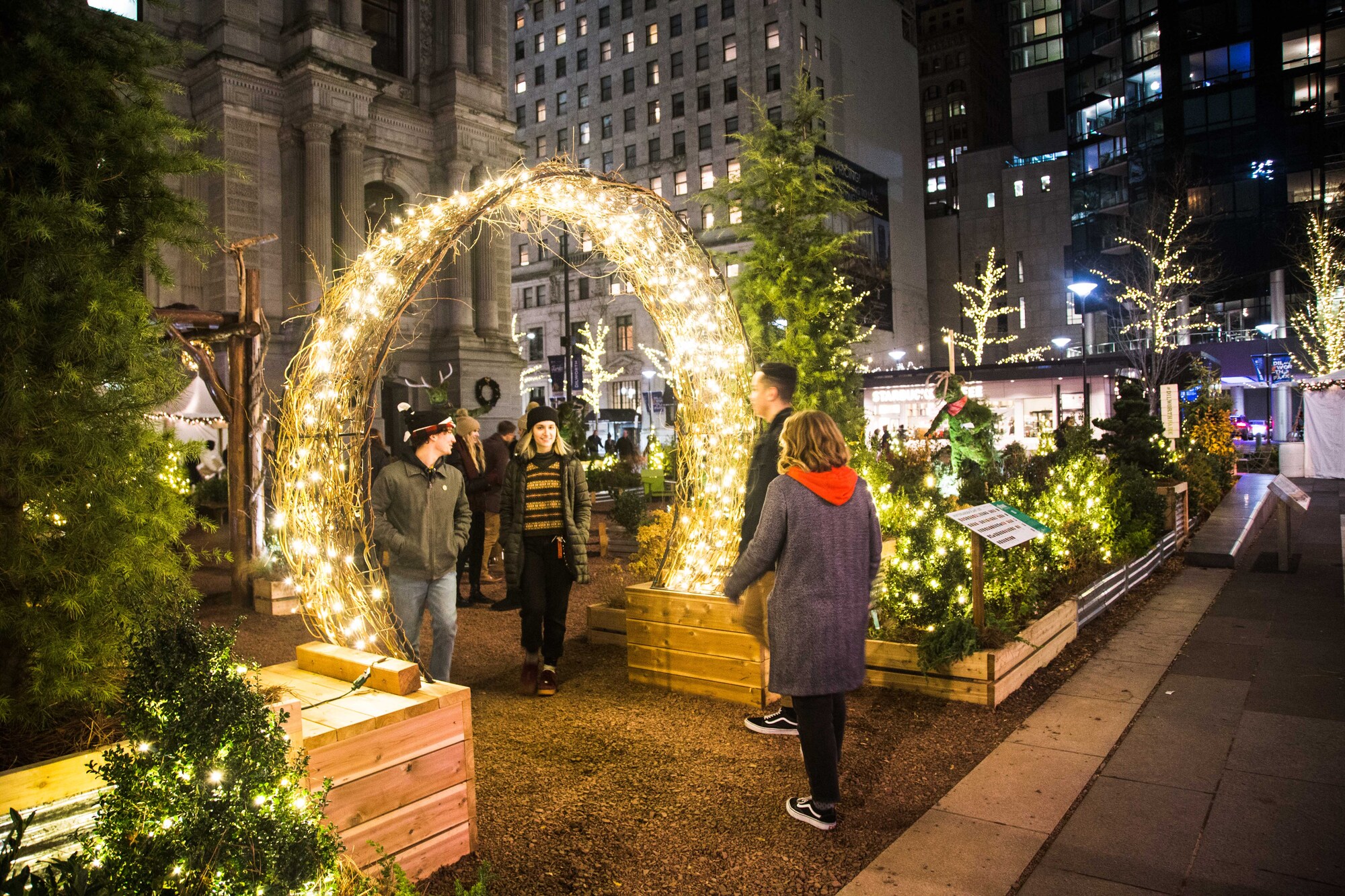 A pop-up Wintergarden at Dilworth Park at Philadelphia City Hall offers a holiday-inspired display of winter-hearty plantings, topiaries, twinkling lights and a gazebo, from Thanksgiving through February.