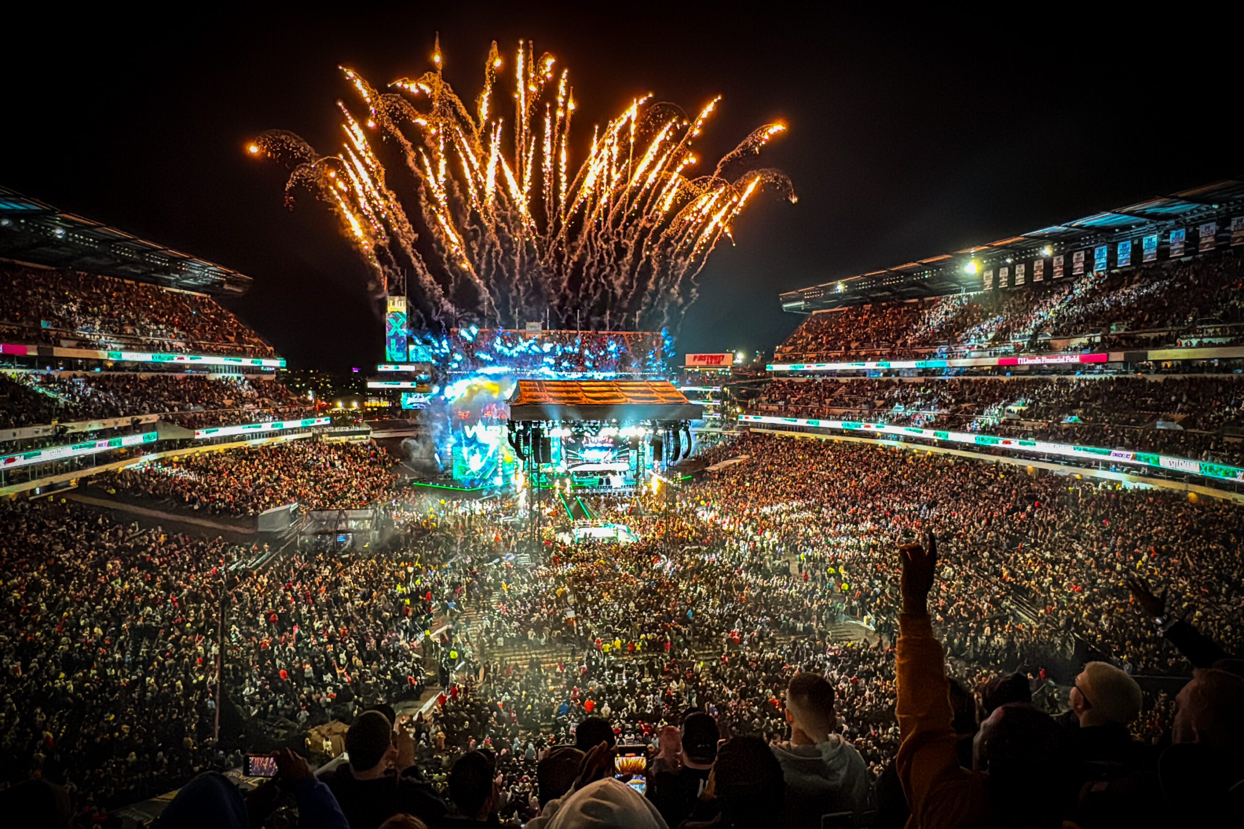 Fireworks going off over Lincoln Financial Field during WrestleMania XL Night 2.