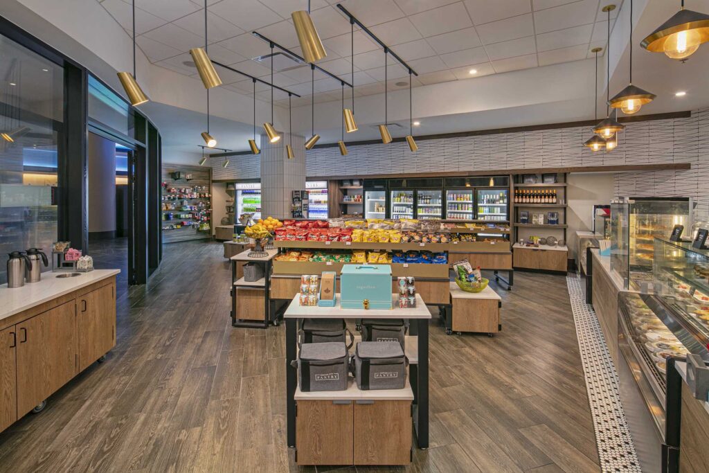 A cafeteria stocked with health fruits and veggies.