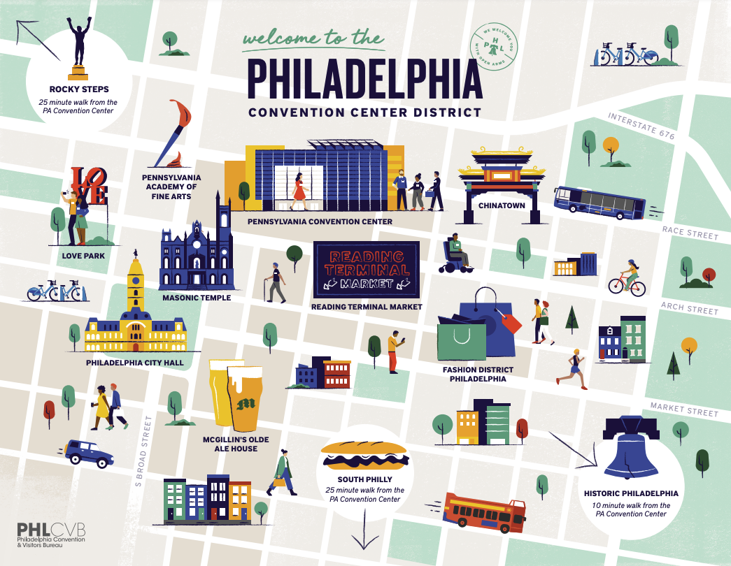 Screenshot of an illustrated map of Philadelphia's convention center district.