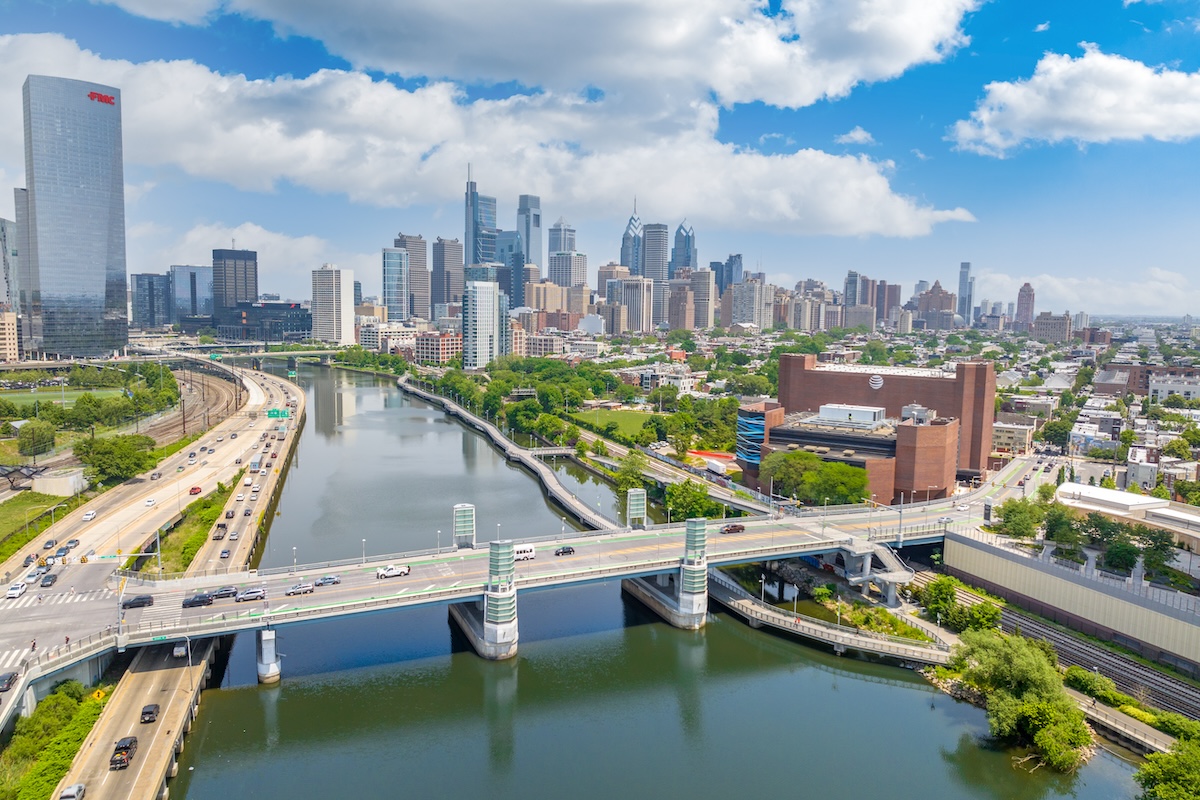 Philadelphia skyline from South Street Bridge over the river.