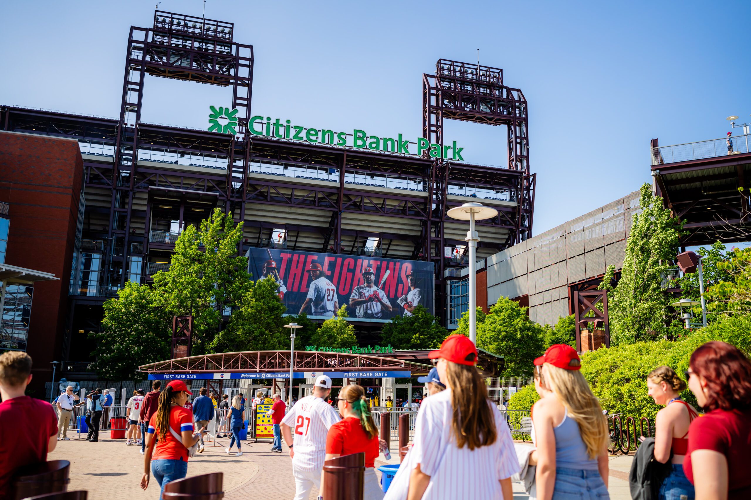 A crowd of Phillies fans entering Citizens Bank Park.
