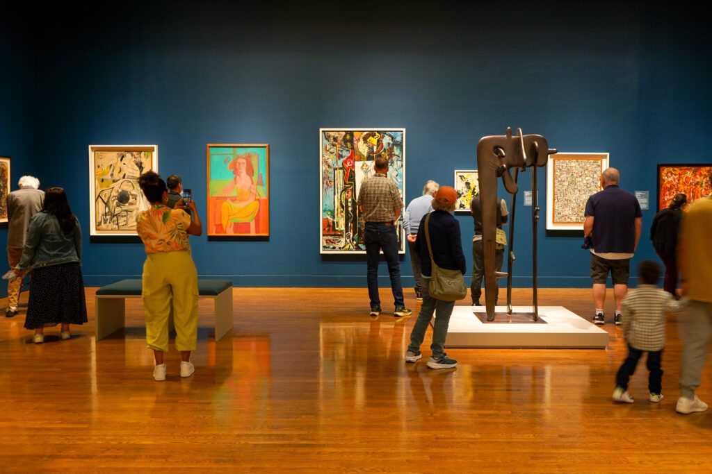 A wide shot of the gallery of "Boom: Art and Design in the 1940s" at the Philadelphia Museum of Art.