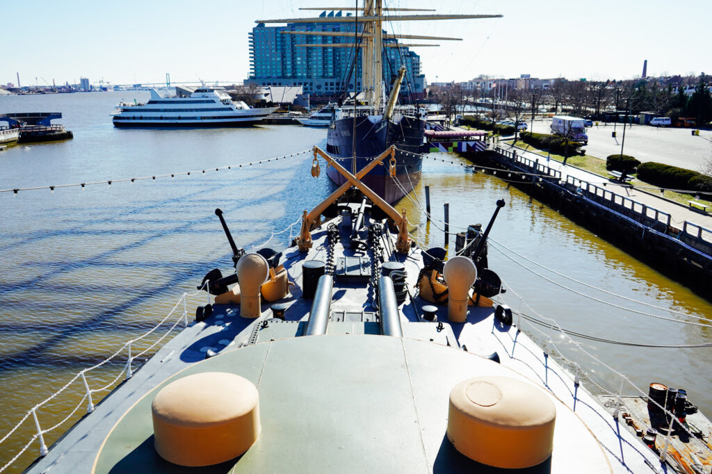 View of the Cruiser Olympia from on deck.