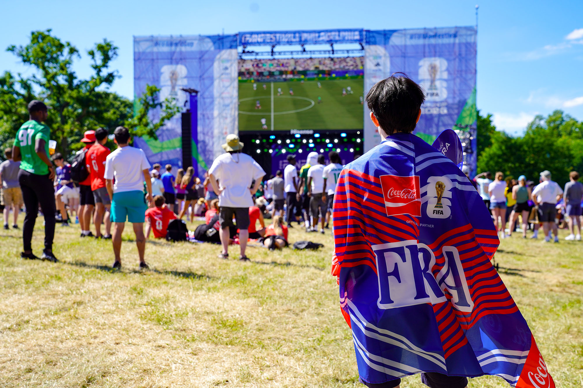 A France Fan watches the big screen at FIFA Fan Festival with his teamflag draped over him.