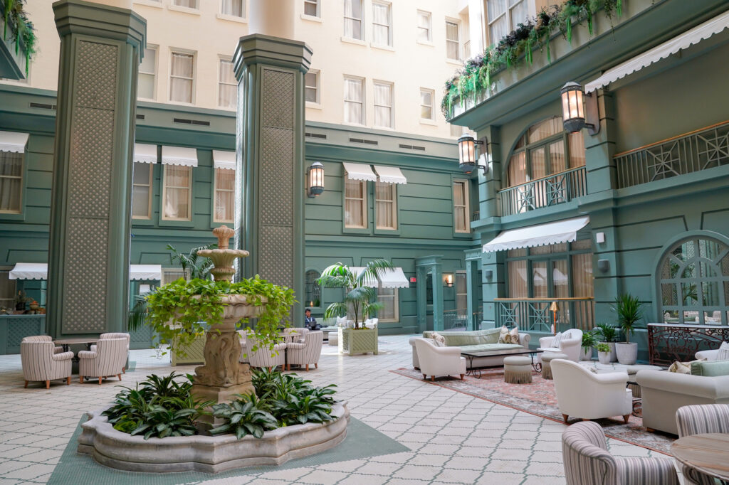 A luxurious atrium inside a hotel.