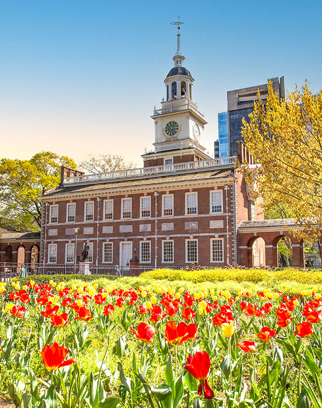 Independence Hall with tulips planted in front across the lawn.