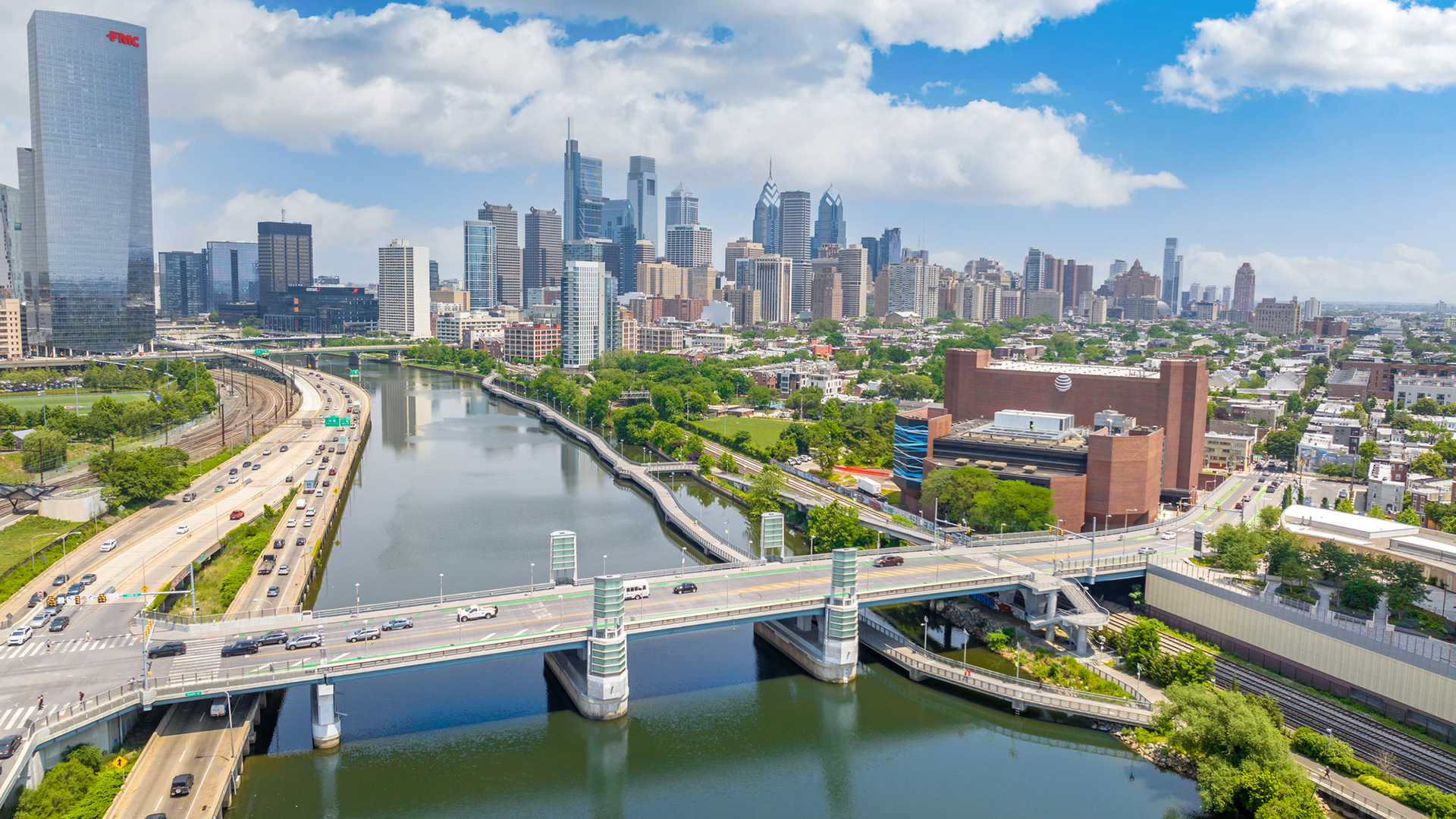 Philadelphia skyline from South Street Bridge over the river.