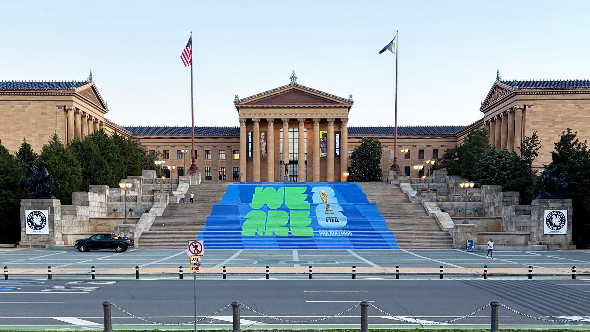 The Philadelphia Museum of Art steps are covered in a sign that says 