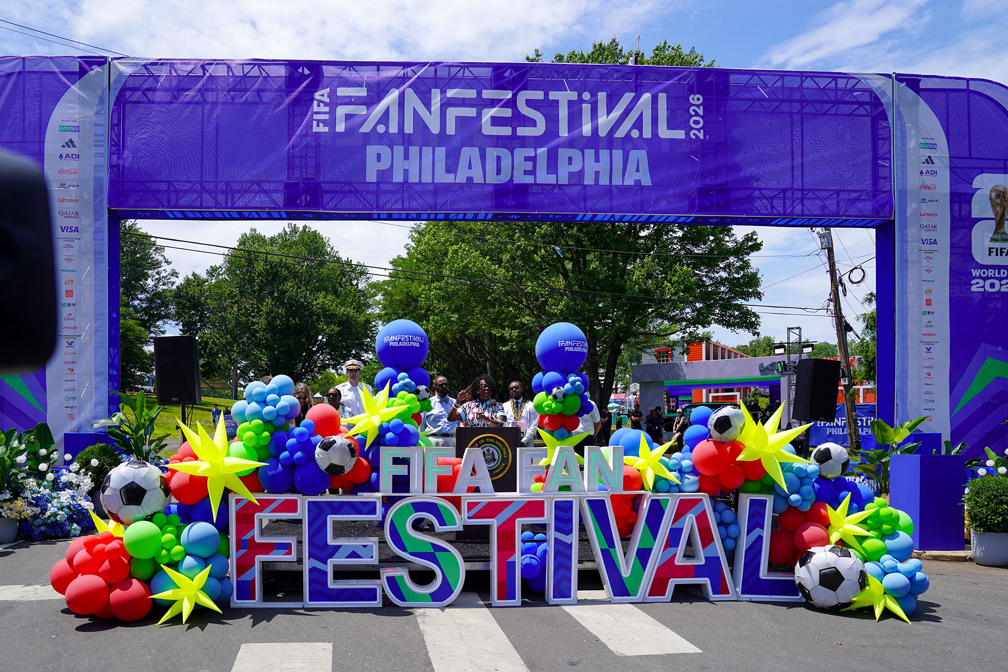 Outside Philadelphia's FIFA Fan Festival is a balloon arch that says 