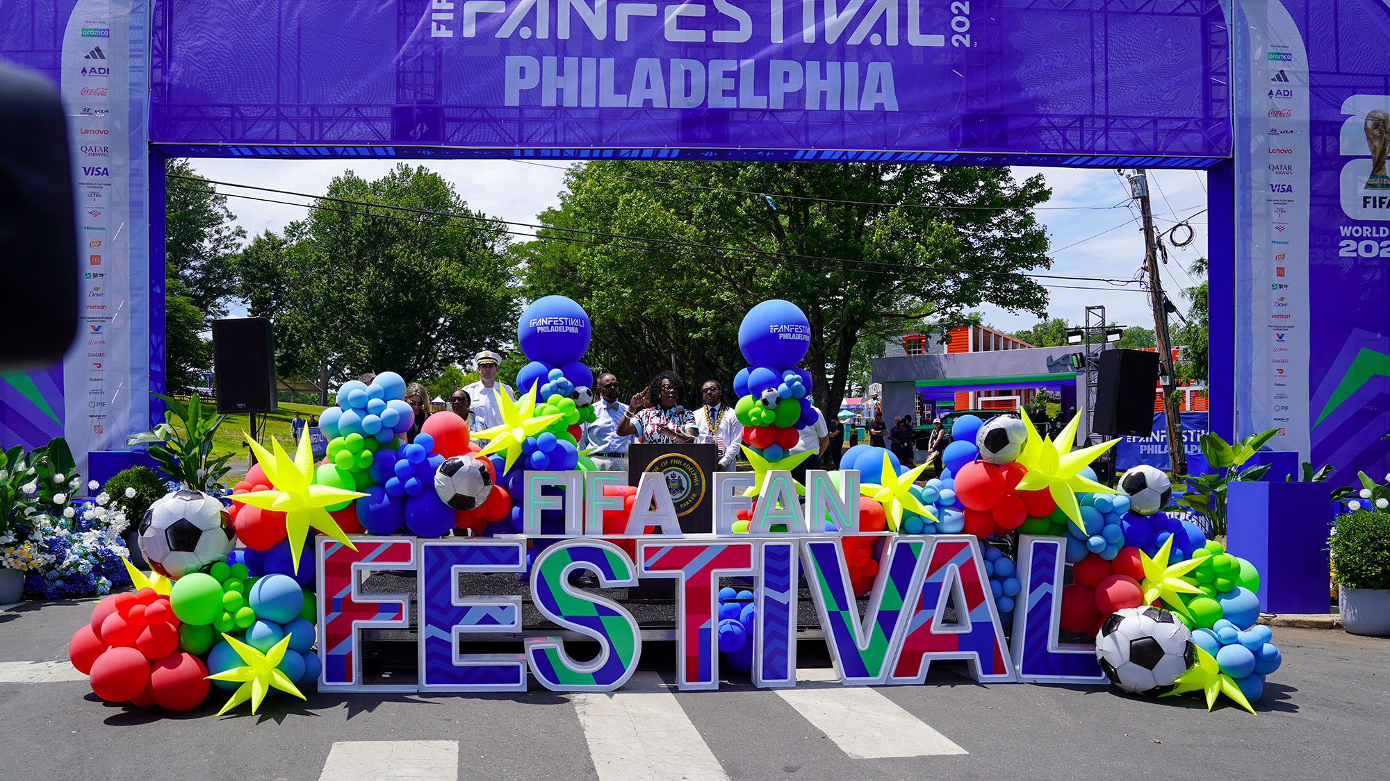 Outside Philadelphia's FIFA Fan Festival is a balloon arch that says 