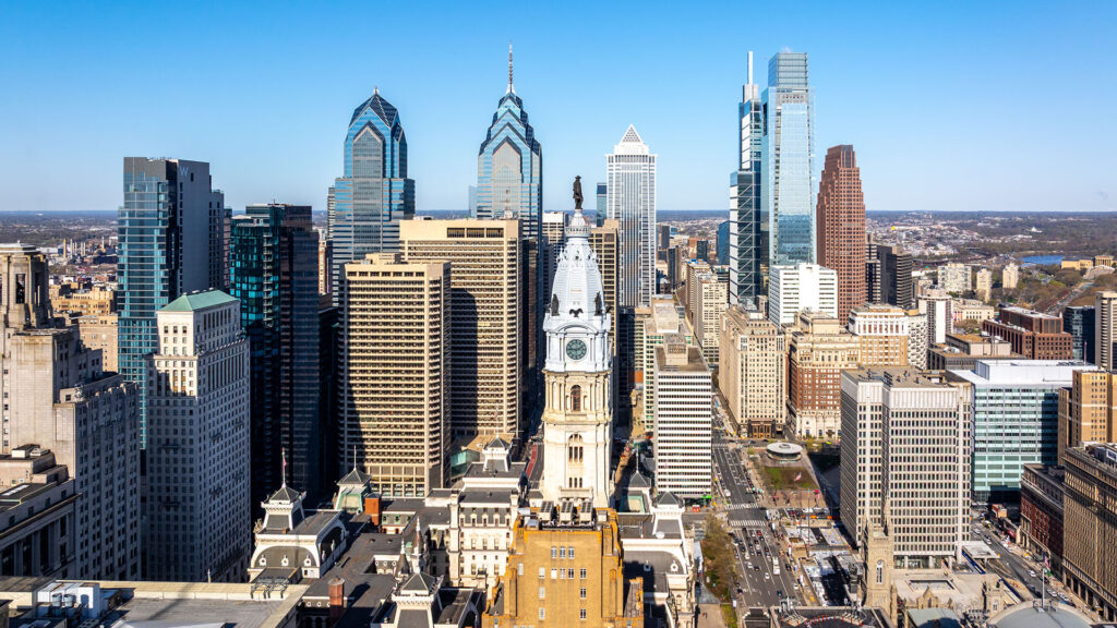 Drone shot of Philadlephia's skyline with City Hall in the center.