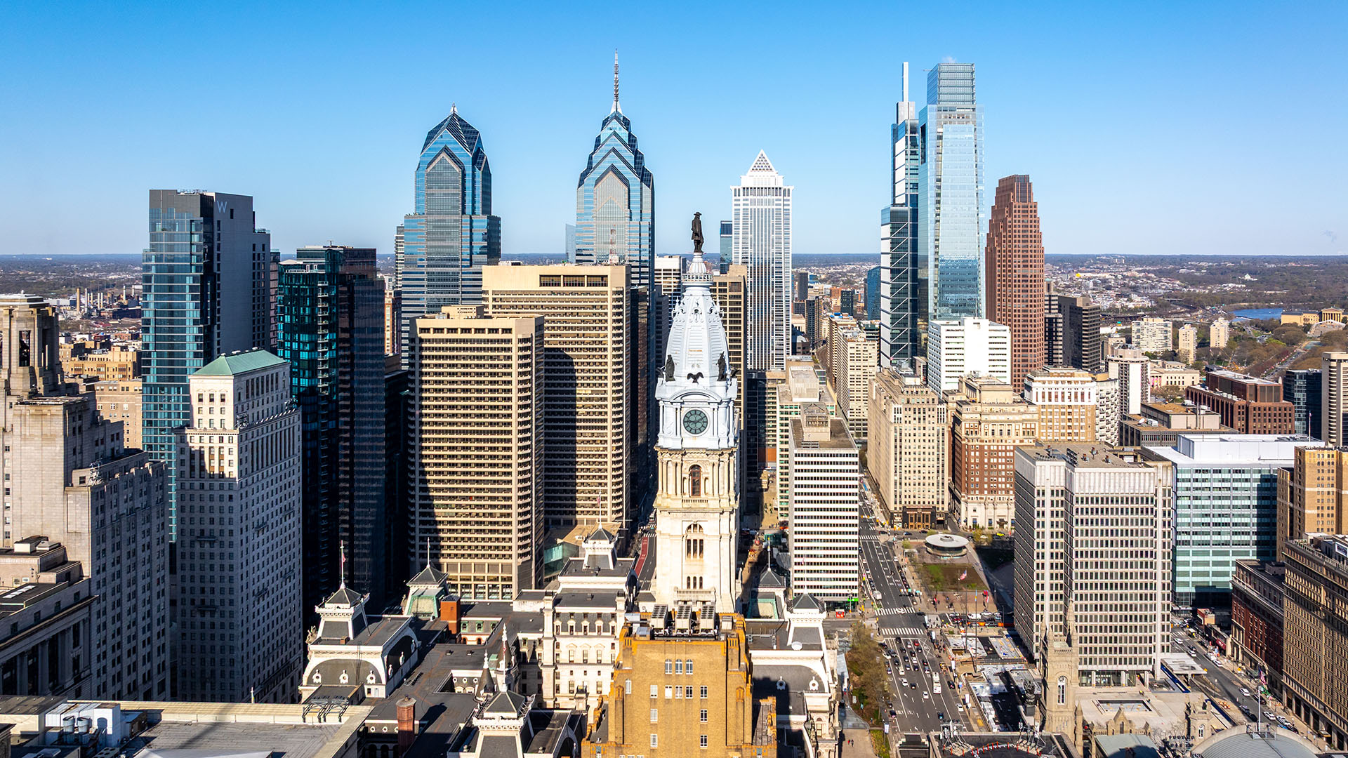 Drone shot of Philadlephia's skyline with City Hall in the center.