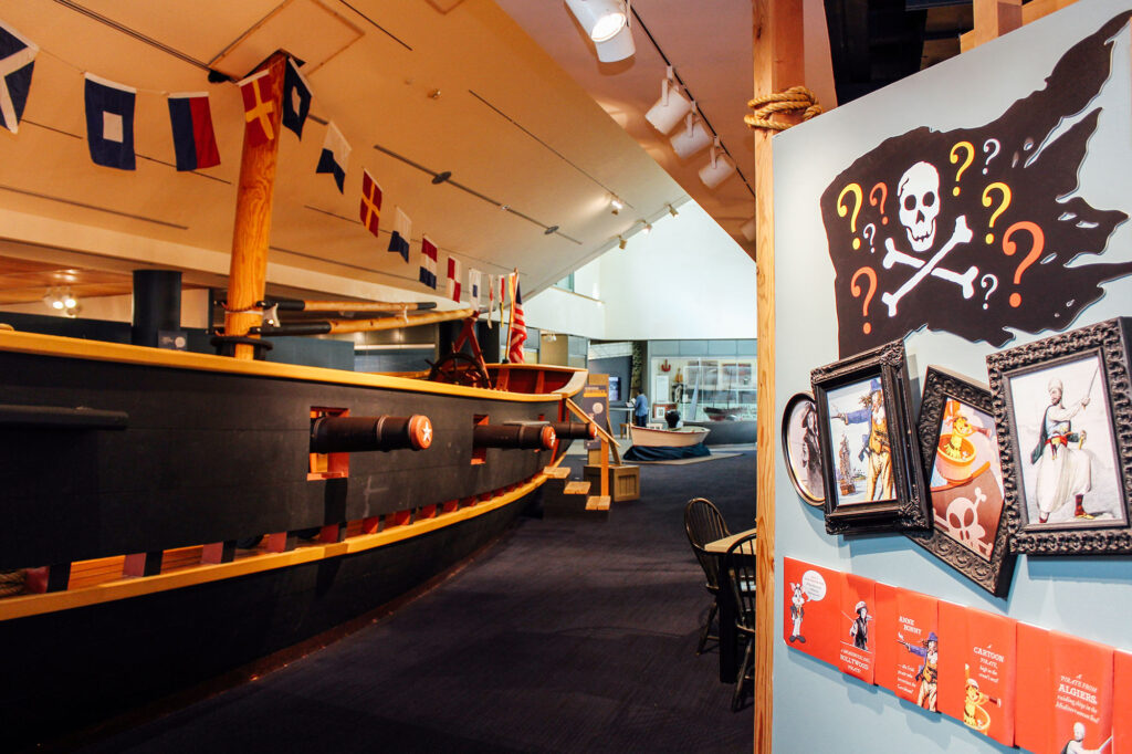 Inside the Independence Seaport Museum sits a large boat.
