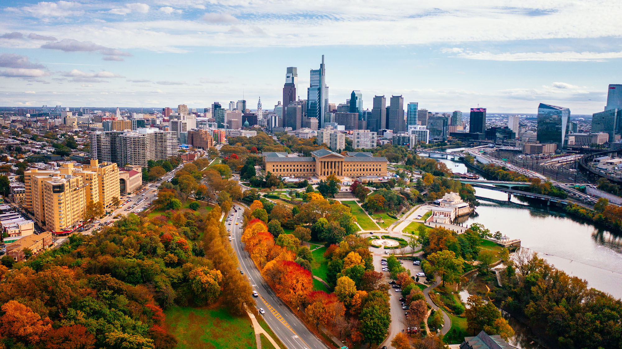 Philadelphia in the Fall with orange and yellow leaves